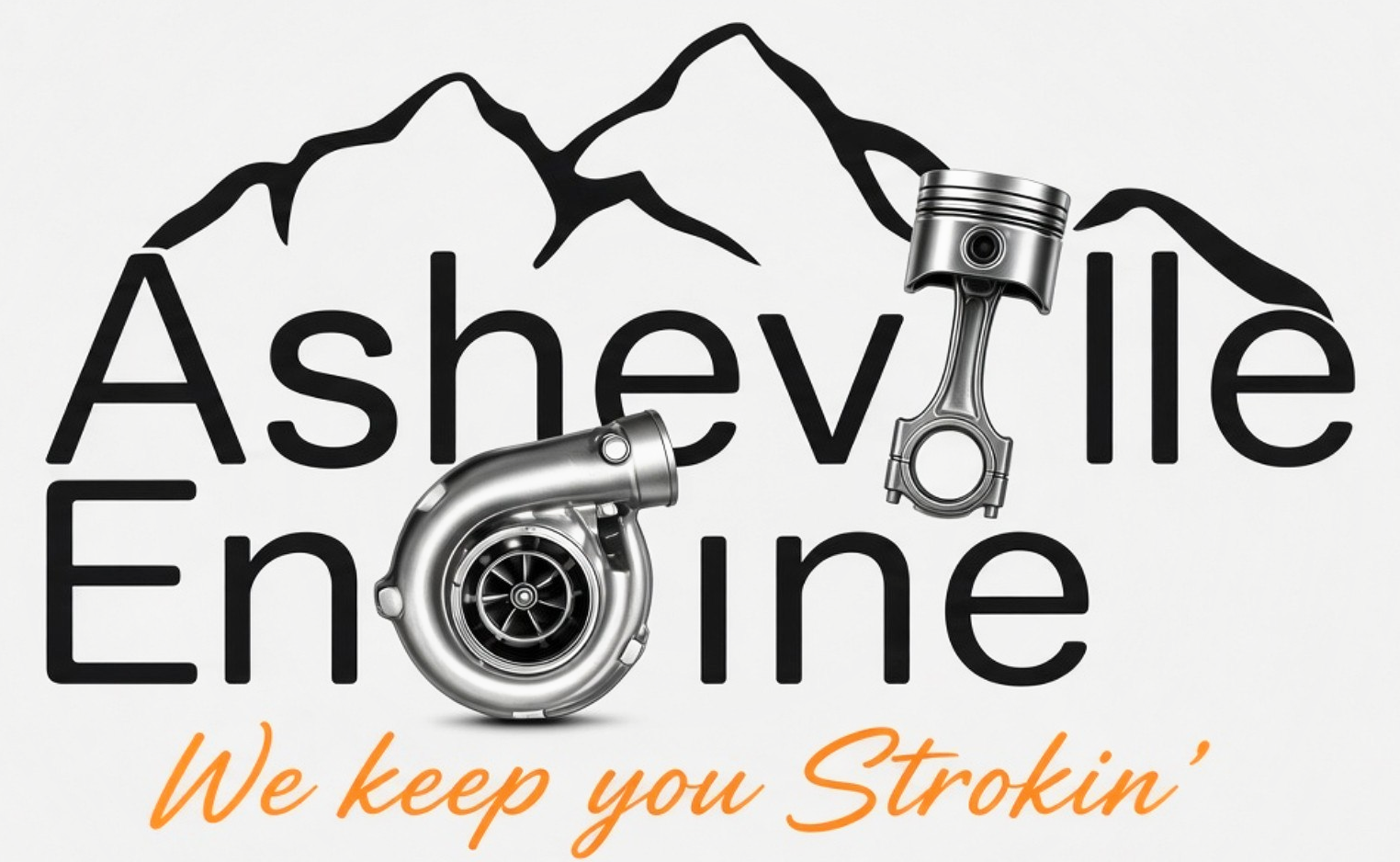 Asheville Engine Inc. logo: mountain outline, turbocharger and piston with connecting rod, and the tagline We keep you Strokin'
